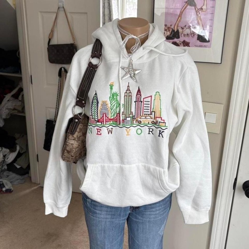 Y2k 2000s White NYC Skyline Hoodie